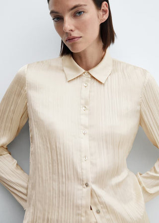 Camisa Plisada Efecto Satinado, Beige