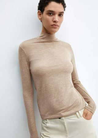 Camiseta Manga Cuello Alto, Beige Oscuro