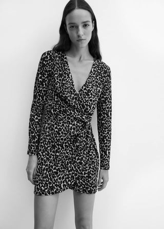 Vestido Drapeado Estampado Animal Print, Negro