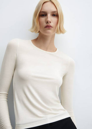 Camiseta Cuello Redondo de Punto, Beige