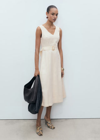 Vestido Midi con Cinturón de Lino