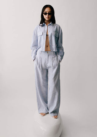 Pantalón de Lino Estampado de Rayas