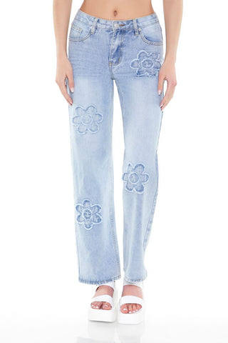 Jeans Talle Medio con Flores Deshilachadas