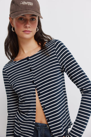 Camiseta de Botones Estampado de Rayas