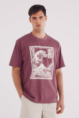 Camiseta Manga Corta con Gráfico Ola Japonesa