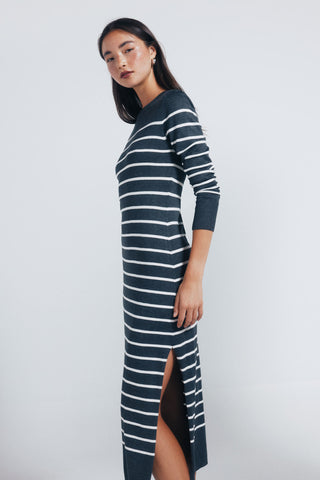 Vestido Midi Manga Larga con Tejido Canalé