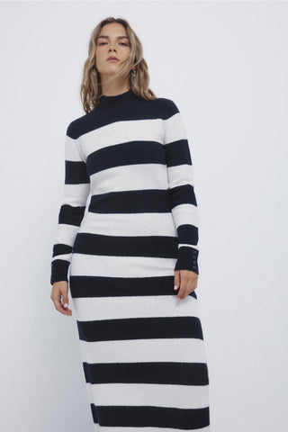 Striped High Neck Midi Dress