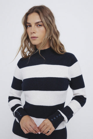 Striped High Neck Midi Dress
