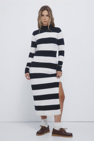Striped High Neck Midi Dress