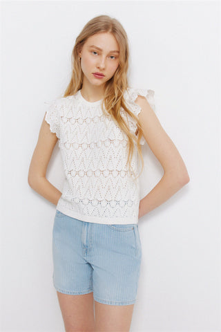 Pointelle Top With Ruffle Sleeve.