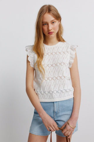 Pointelle Top With Ruffle Sleeve.