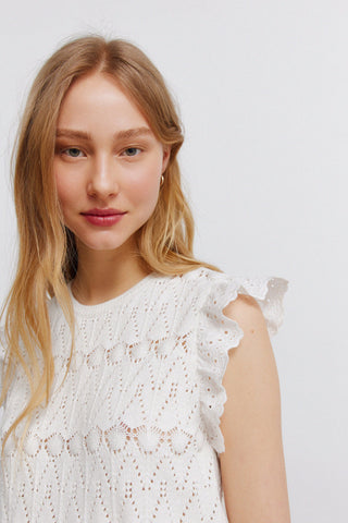 Pointelle Top With Ruffle Sleeve.
