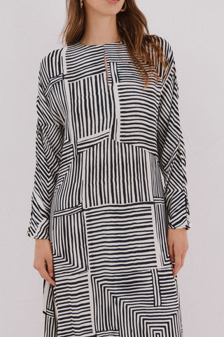 Vestido Midi Manga Larga Estampado Geométrico