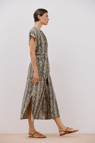 Vestido Largo con Cinturón Estampado