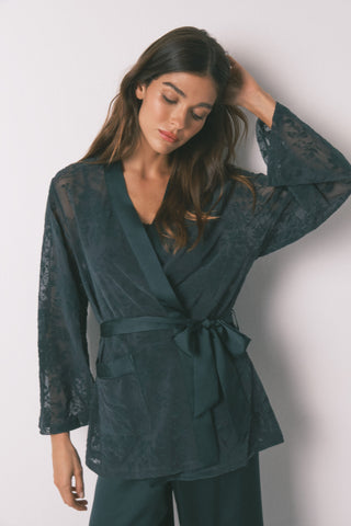 Set de Pijama 3 Piezas de Satén con Encaje