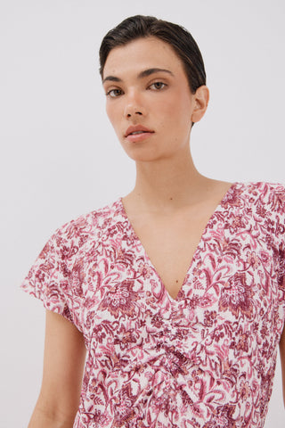 Vestido Manga Corta con Fruncido Estampado