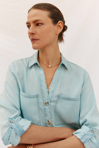 Camisa Denim Manga Larga con Bolsillo