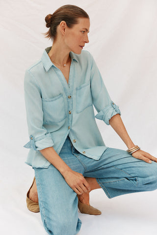 Camisa Denim Manga Larga con Bolsillo
