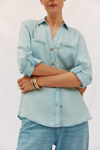 Camisa Denim Manga Larga con Bolsillo