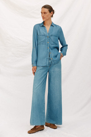 Camisa Denim Manga Larga con Bolsillo