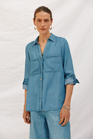 Camisa Denim Manga Larga con Bolsillo