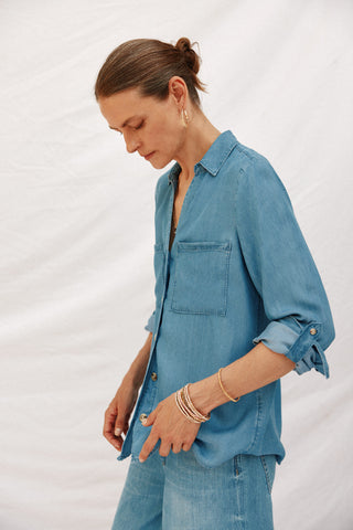 Camisa Denim Manga Larga con Bolsillo