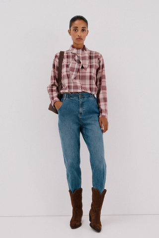 Camisa Manga Larga con Lazada Estampado Cuadros