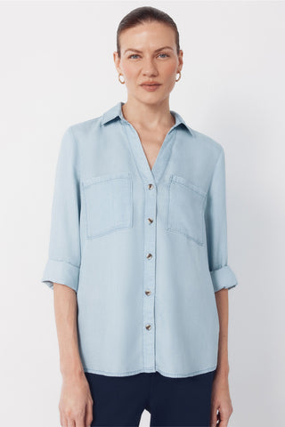 Camisa Denim Manga Larga con Bolsillos
