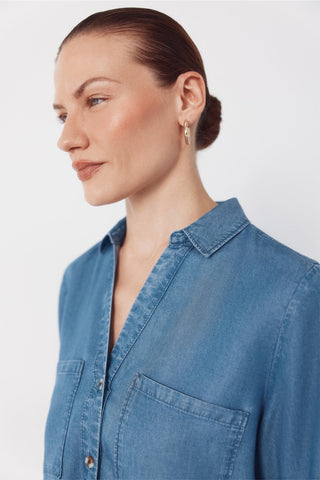 Camisa Denim Manga Larga con Bolsillos