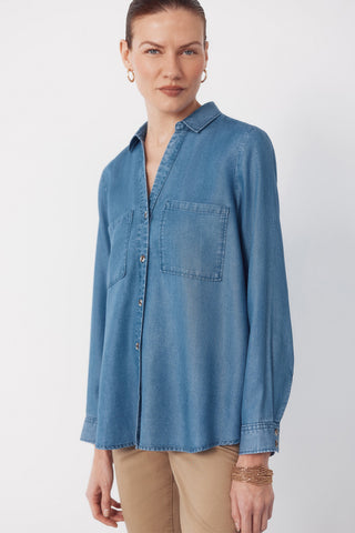 Camisa Denim Manga Larga con Bolsillos