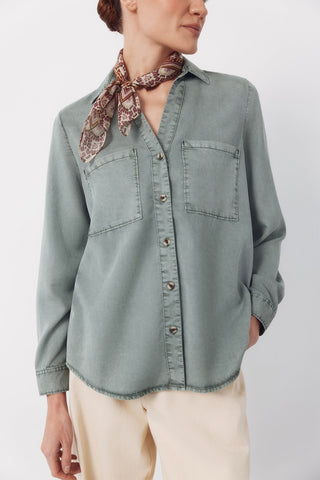 Camisa Denim Manga Larga con Bolsillos