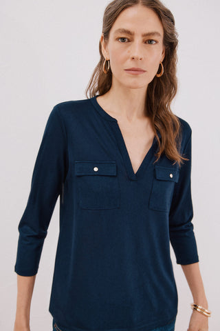 Camiseta Cuello Mao Efecto Lino