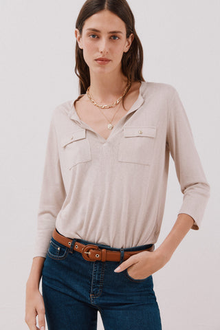 Camiseta Cuello Mao Efecto Lino