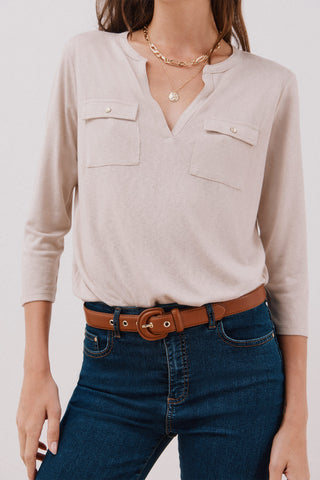 Camiseta Cuello Mao Efecto Lino