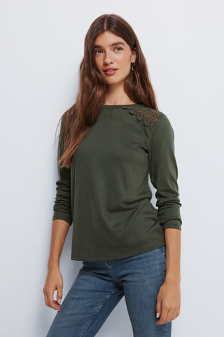 Long Sleeve T-Shirt with Crochet Detail