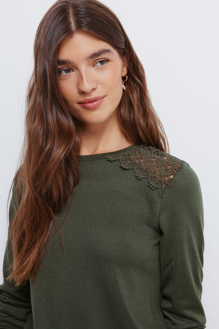Long Sleeve T-Shirt with Crochet Detail