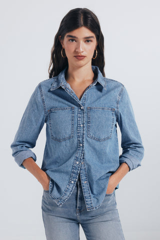 Camisa Denim Manga Larga con Bolsillos