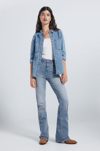 Camisa Denim Manga Larga con Bolsillos