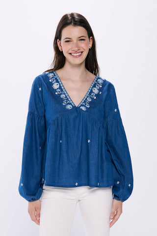 Blusa Manga Larga Denim con Bordado