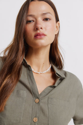 Camisa Manga Corta con Bolsillos de Lino