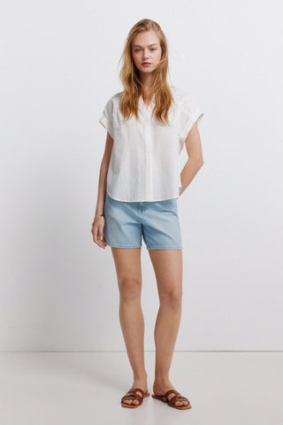S/S Linen Mao Collar Blouse.
