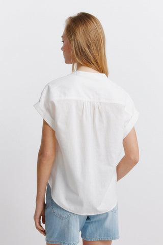 S/S Linen Mao Collar Blouse.