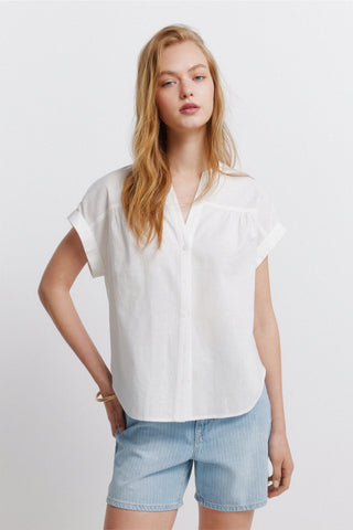 S/S Linen Mao Collar Blouse.