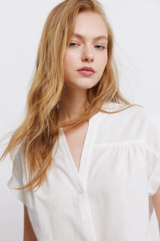 S/S Linen Mao Collar Blouse.