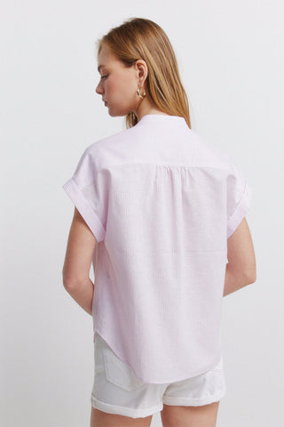 S/S Linen Mao Collar Blouse.