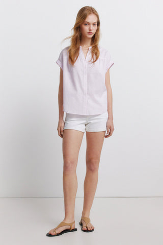 S/S Linen Mao Collar Blouse.