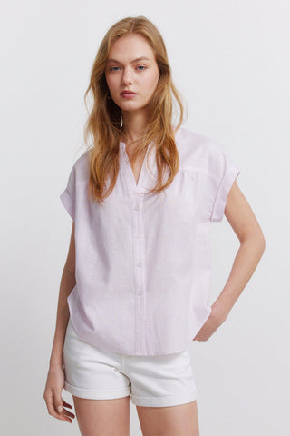 S/S Linen Mao Collar Blouse.