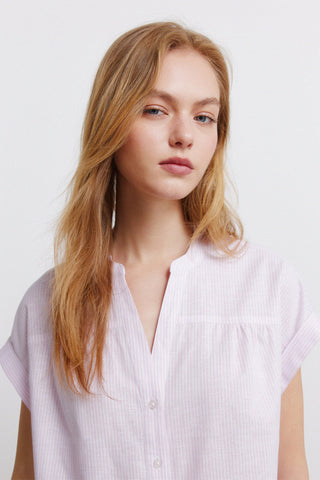 S/S Linen Mao Collar Blouse.