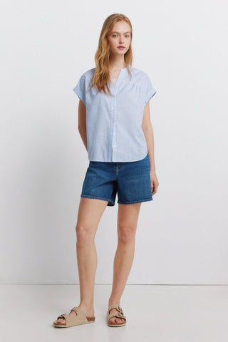 S/S Linen Mao Collar Blouse.