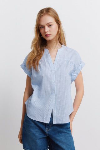 S/S Linen Mao Collar Blouse.